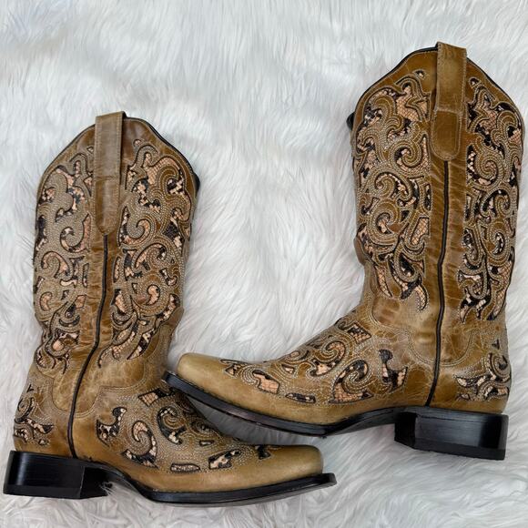 JB Dillon Reserve Women's Brown Cowboy Boots Size 7.5 Snake Print Cutouts - Picture 16 of 16